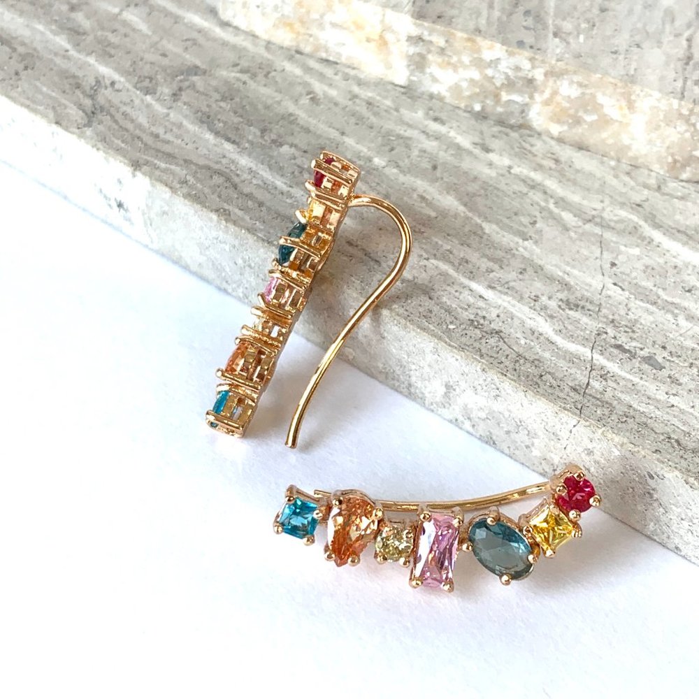 NEW~ Anthropologie Rainbow Stone Crawler Earrings - Picture 7 of 12